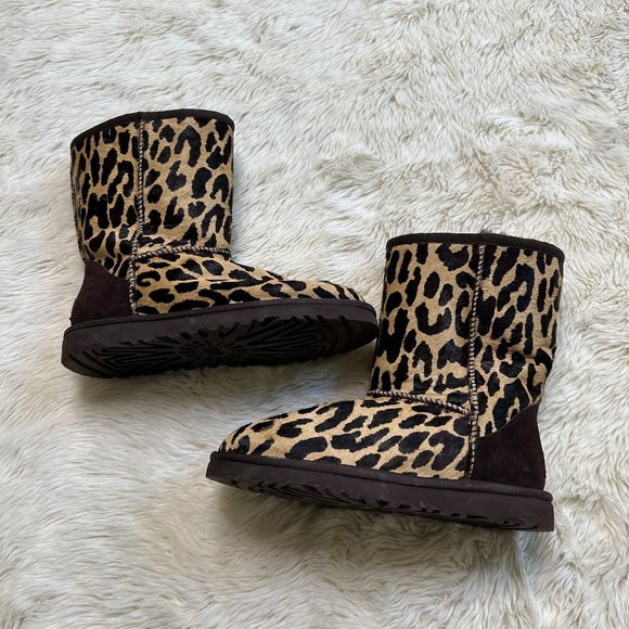 UGG Shoes - UGG Brown/Beige Calf Hair Cheetah Print Sheepskin Short Boot Women's 5